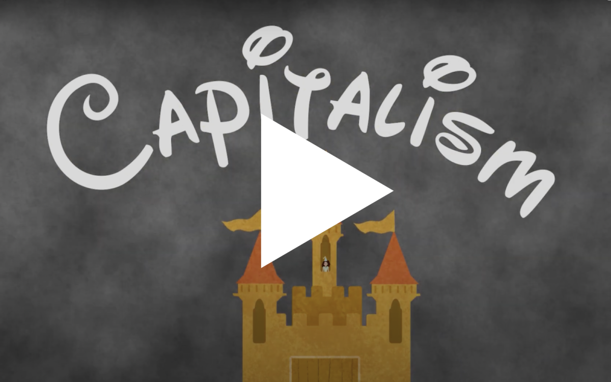A large white play button sits over a cartoonish image of a castle on a gray, smoky background, with the word "Capitalism" in jaunty lettering.