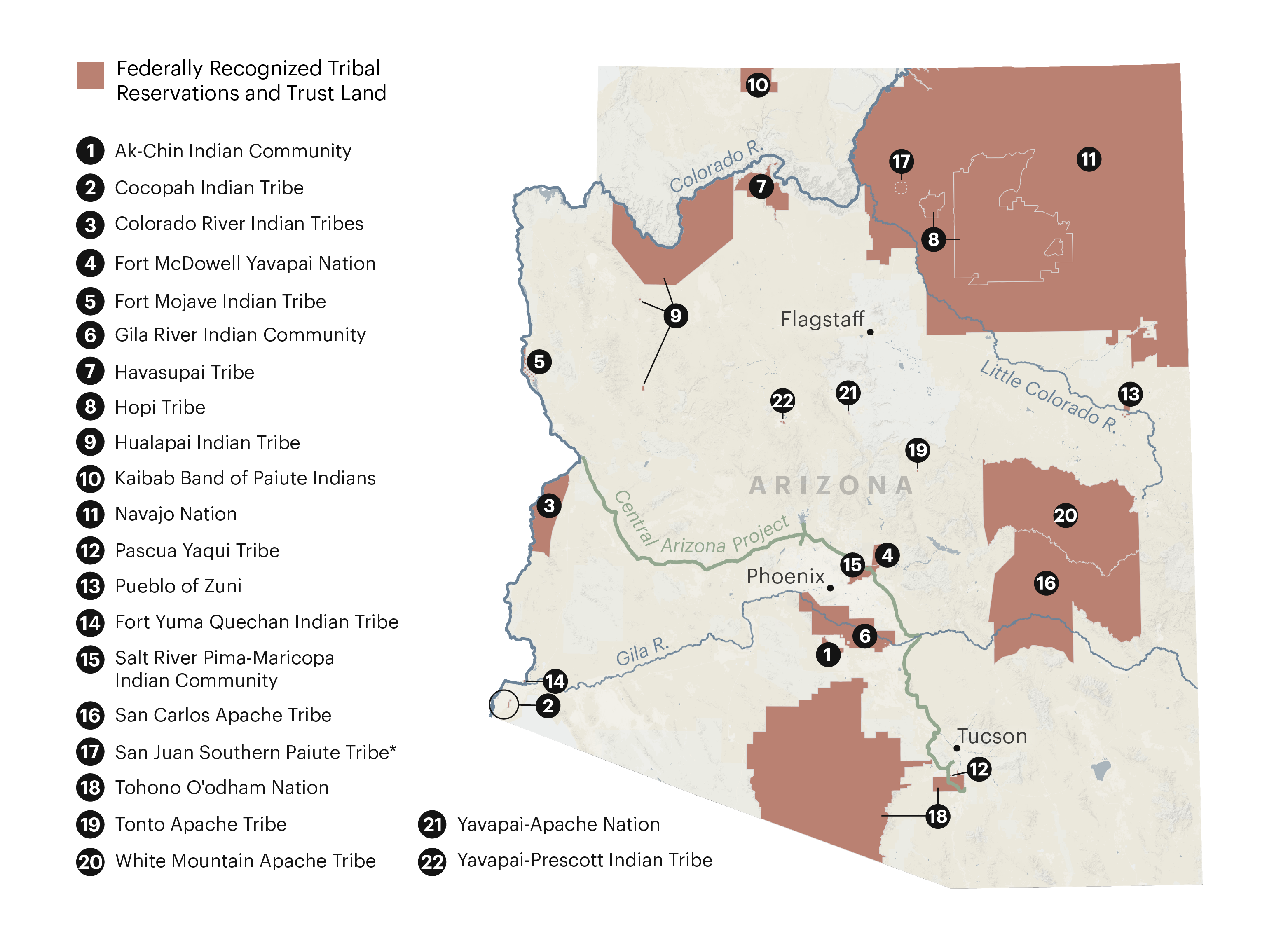 A map of Arizona showing federally recognized reservations and trust land.