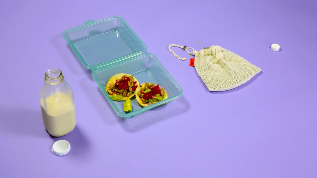 Refillable and reusable containers with milk, tacos, and lentils