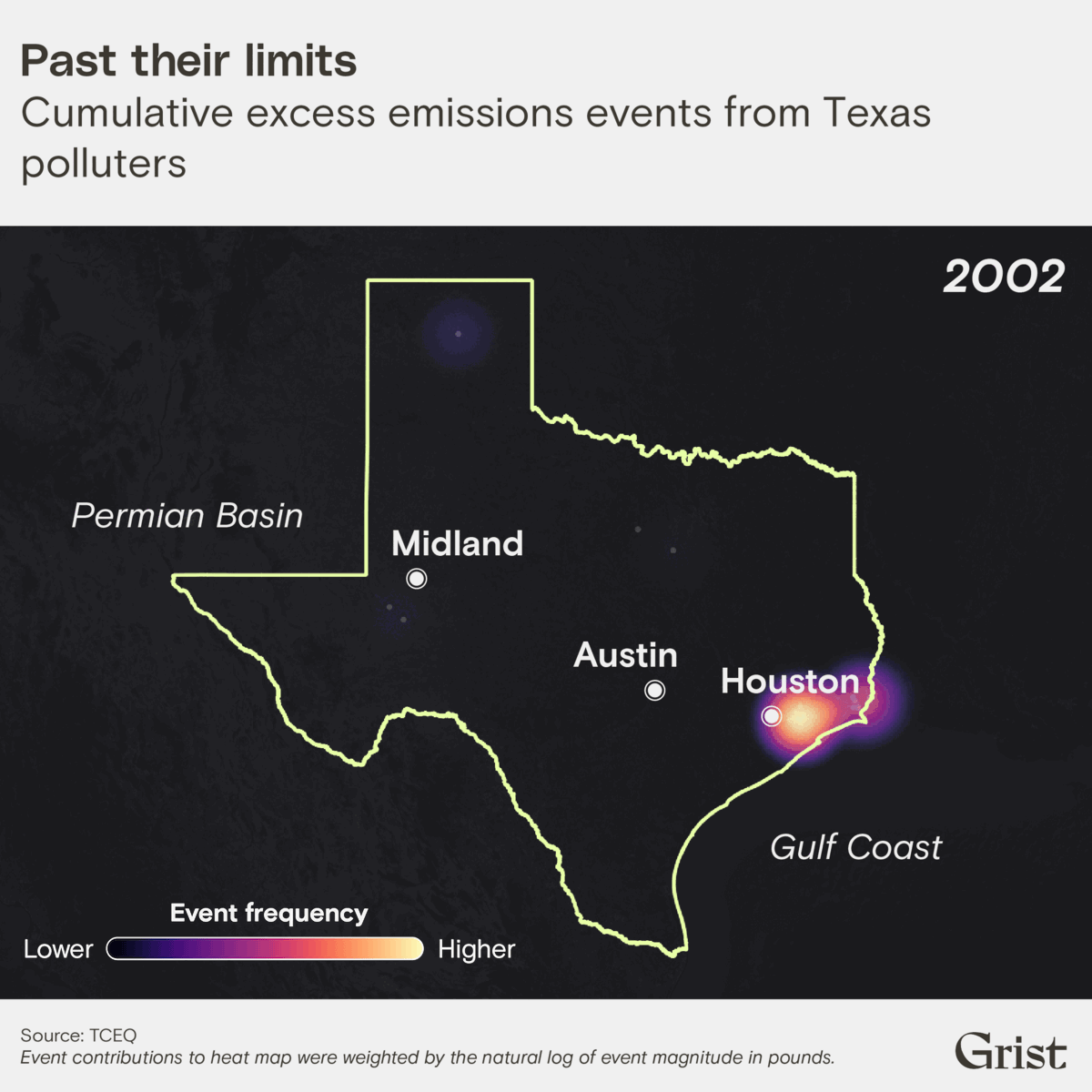 An animated heat map of Texas showing cumulative excess emissions events between 2002 and 2021. The Gulf Coast and the Permian Basin show the highest frequency of events.