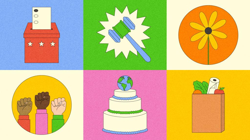 Illustration of six square tiles featuring a ballot box, gavel, flower, raised fists, wedding cake, and grocery bag