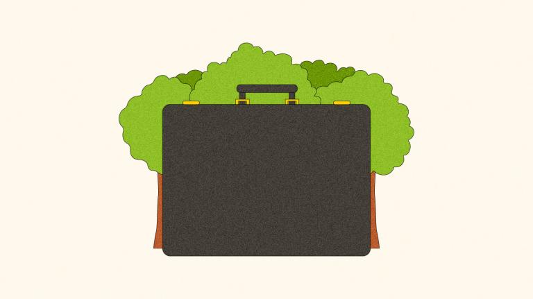 Illustration of trees hidden behind a large briefcase