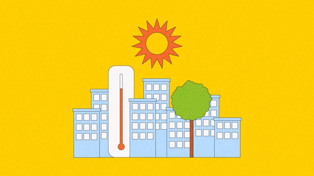 Illustration of city with tall thermometer and tree included in skyline