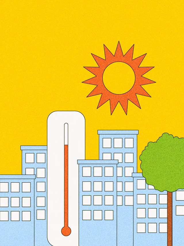 Illustration of city with tall thermometer and tree included in skyline