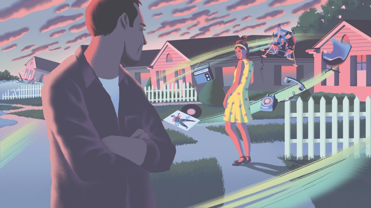 An illustration shows a teen girl dressed in 1960s attire, with '60s memorabilia around her. In the foreground, her father looks back at her with concern. In the background, dilapidated houses are swallowed by the sea.