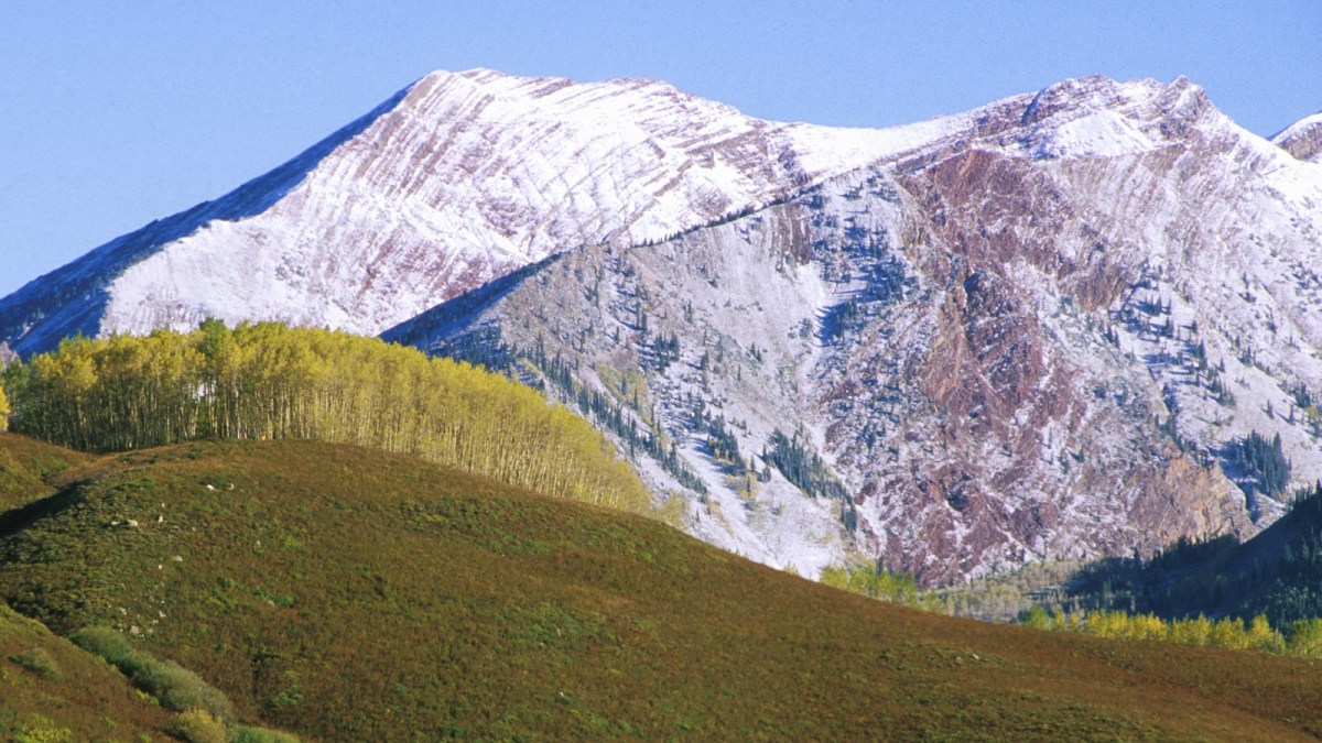 A view of a green slop and snow-crested mountains.