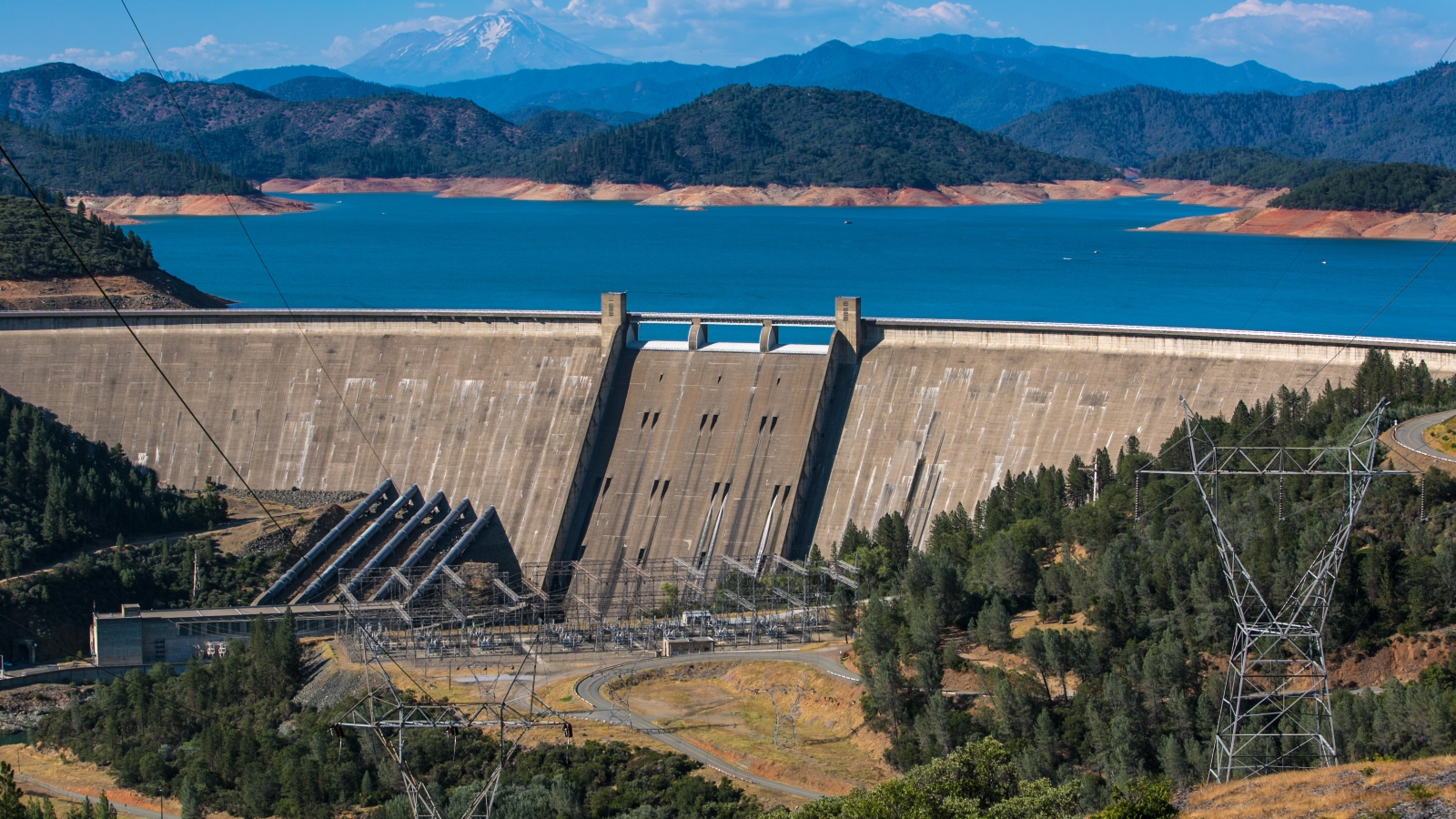 Lake Shasta, California's largest dam and water reservoir feeding the Sacramento River, sits at historically low levels in July 2015.