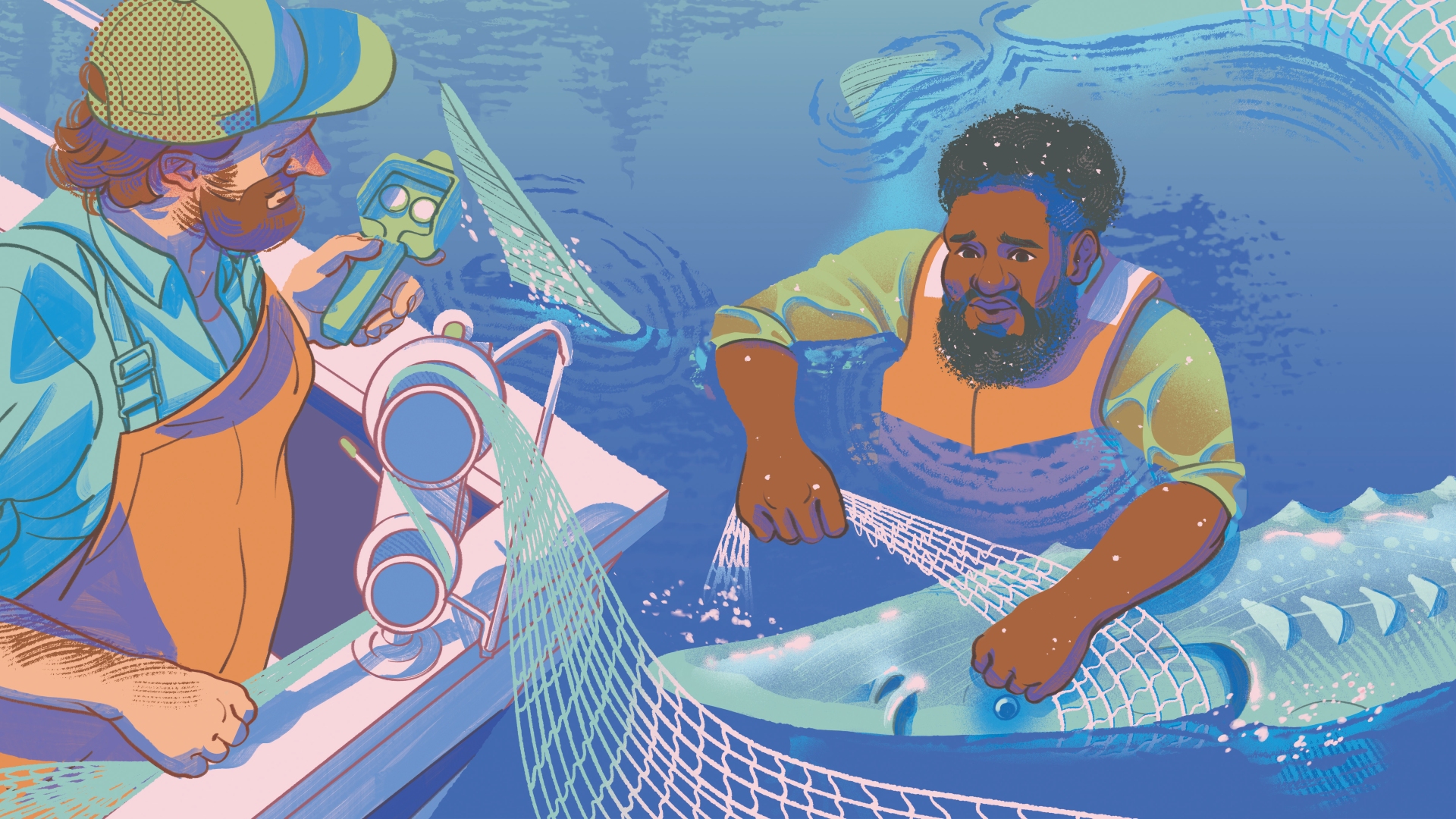 An illustration with a soft color palette. A Black man in the water wrestles with a sturgeon fish in a net. A white man looks on from a boat.