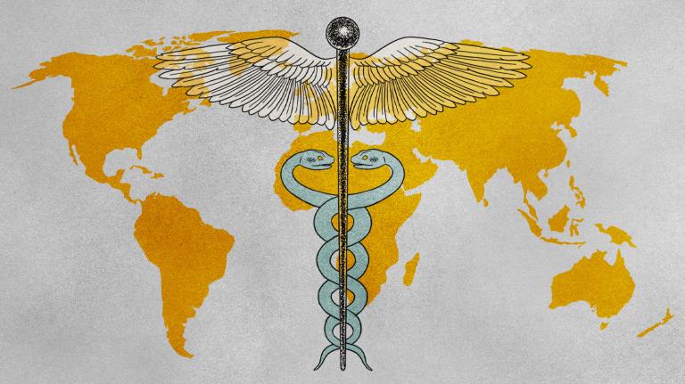 an illustration of a global map and a stick with two sticks coiled around it, a symbol associated with the medical profession