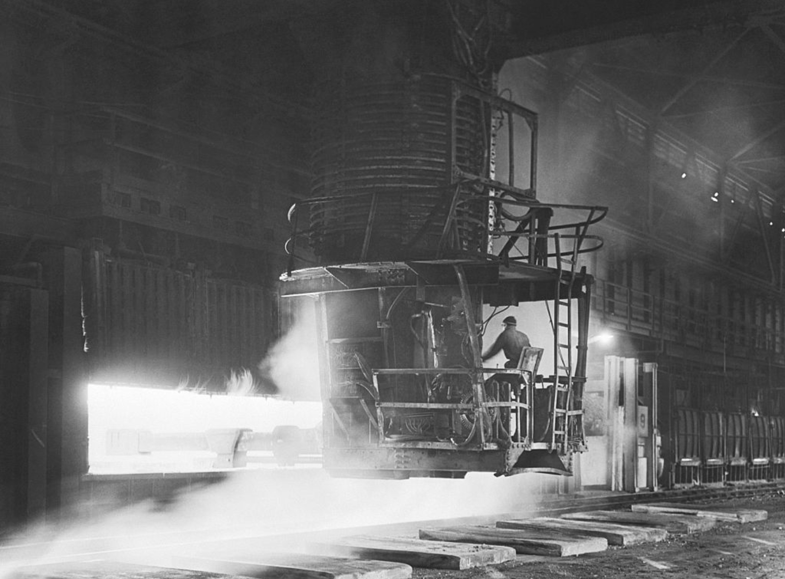 A man operates a furnace at U.S. Steel's Gary Works plant in January, 1945