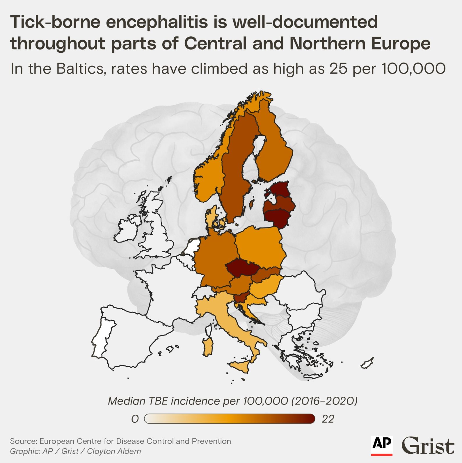 Map showing increasing numbers of TBE in Europe