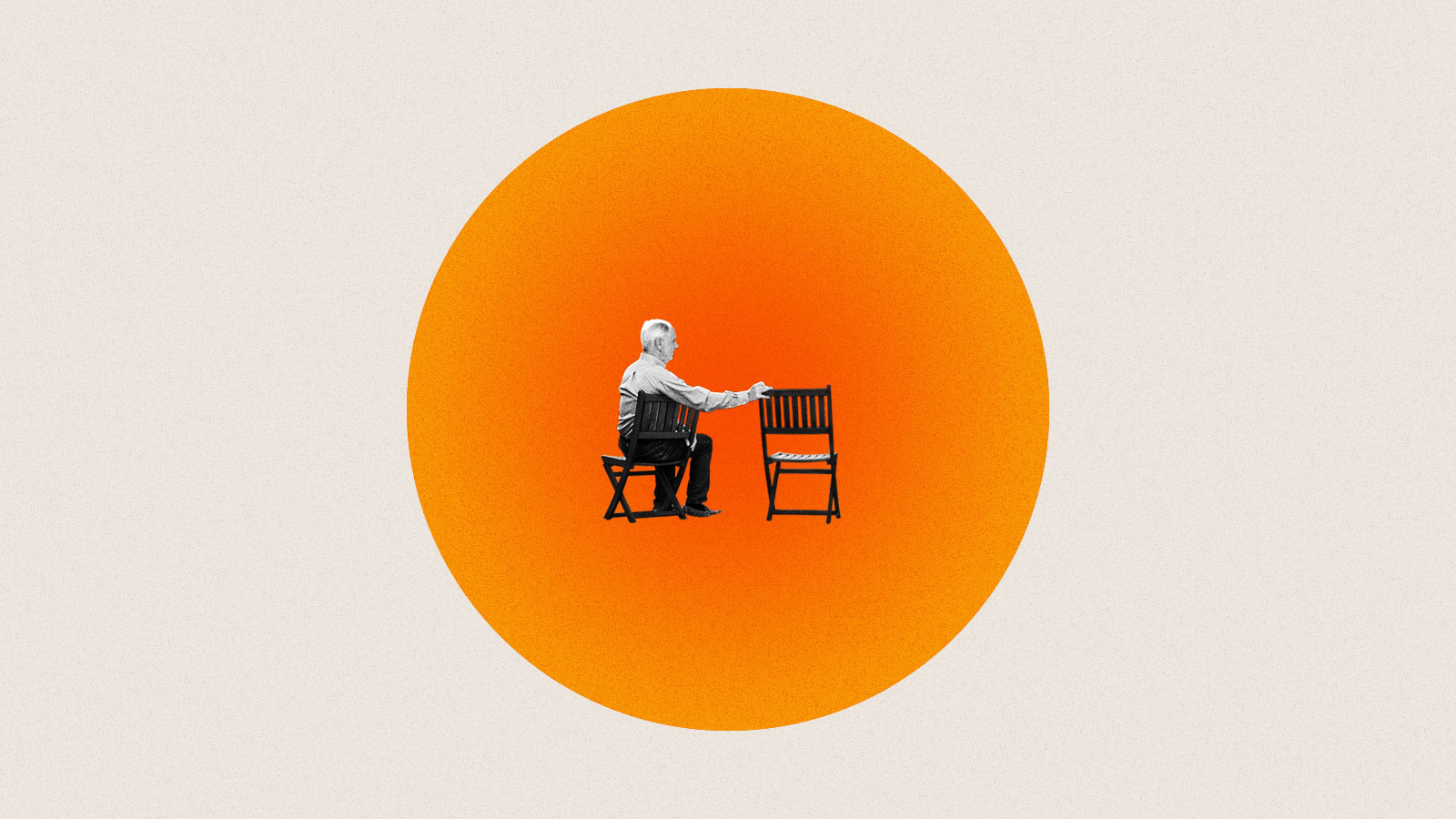 Illustration of older man sitting beside empty chair within bright orange circle