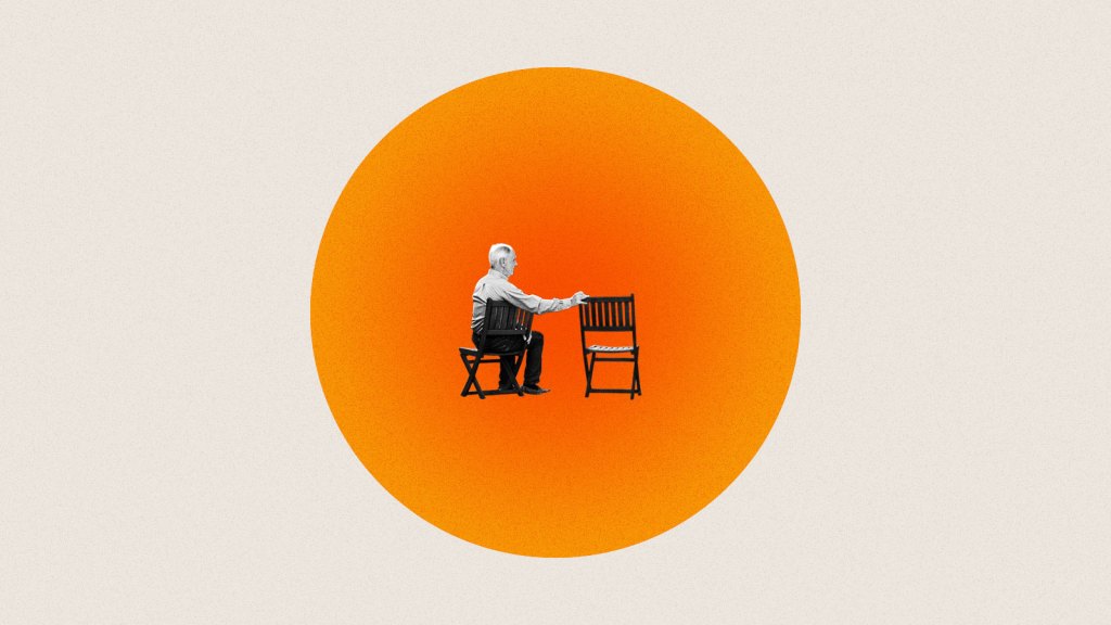 Illustration of older man sitting beside empty chair within bright orange circle