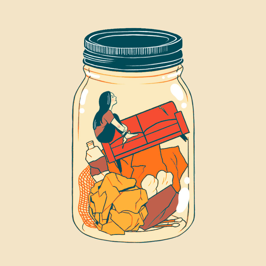 Illustration of woman sitting inside a glass jar filed with trash