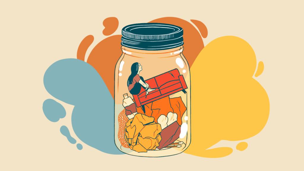 Illustration of woman sitting inside a glass jar filed with trash