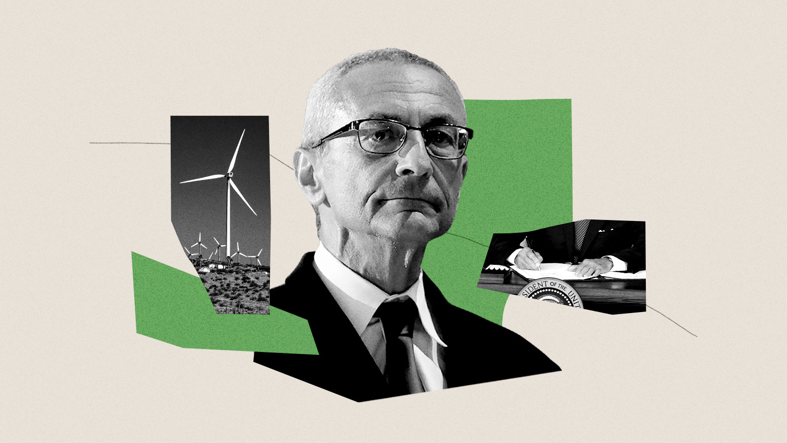 Collage of John Podesta with photos of wind turbines and President Joe Biden signing The Inflation Reduction Act