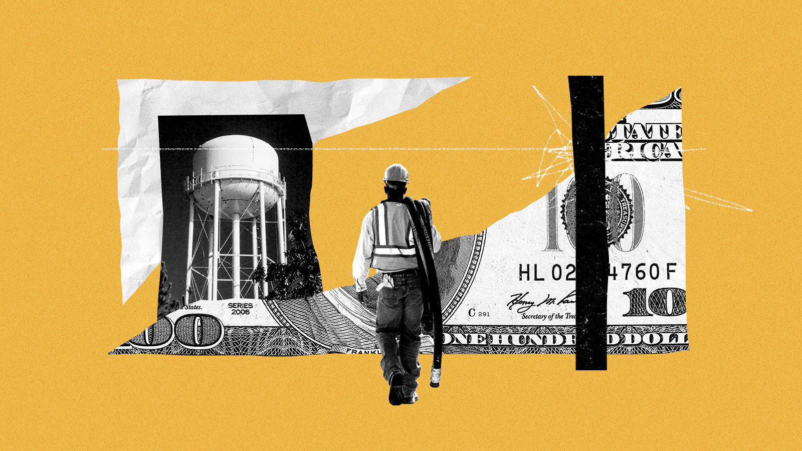 Collage of construction worker, water tower, and hundred dollar bill