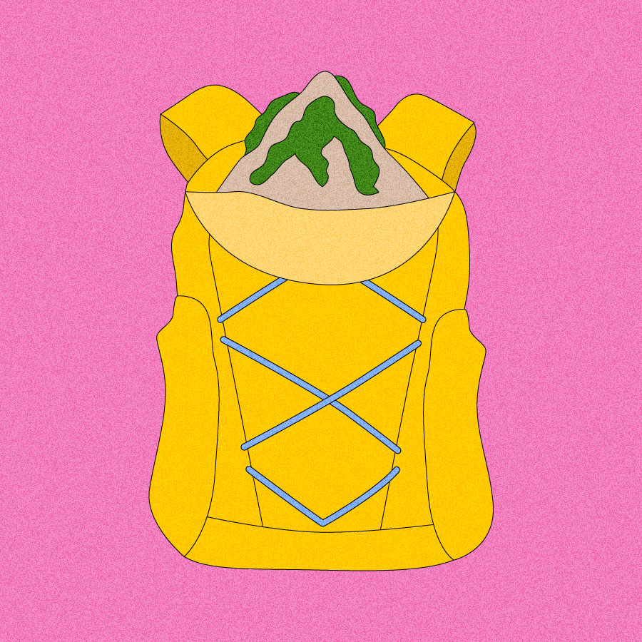 Illustration of mountain peak peeking out of yellow hiking backpack