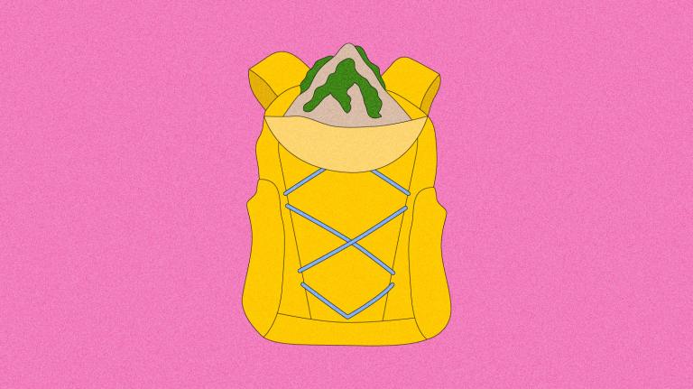 Illustration of mountain peak peeking out of yellow hiking backpack