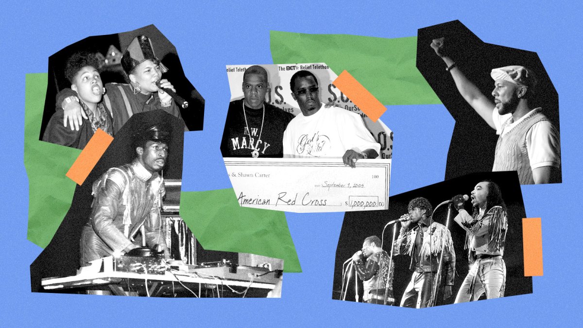 Collage of hip hop artists with green pieces of paper on blue background