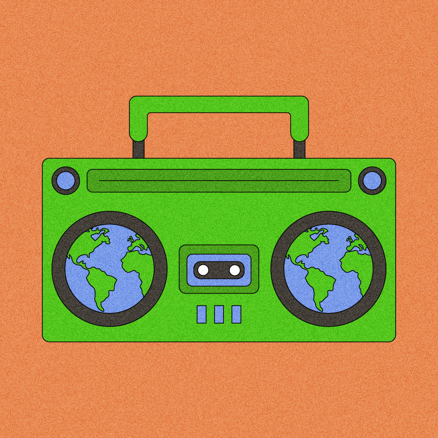 Illustration of boombox with globes in place of speakers