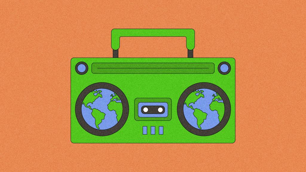Illustration of boombox with globes in place of speakers
