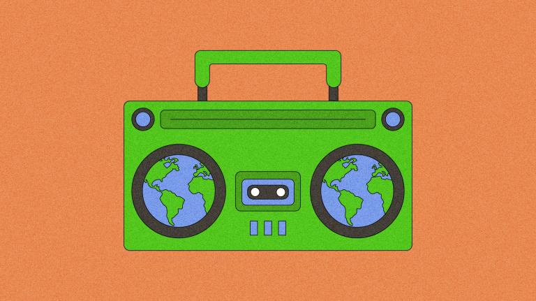 Illustration of boombox with globes in place of speakers