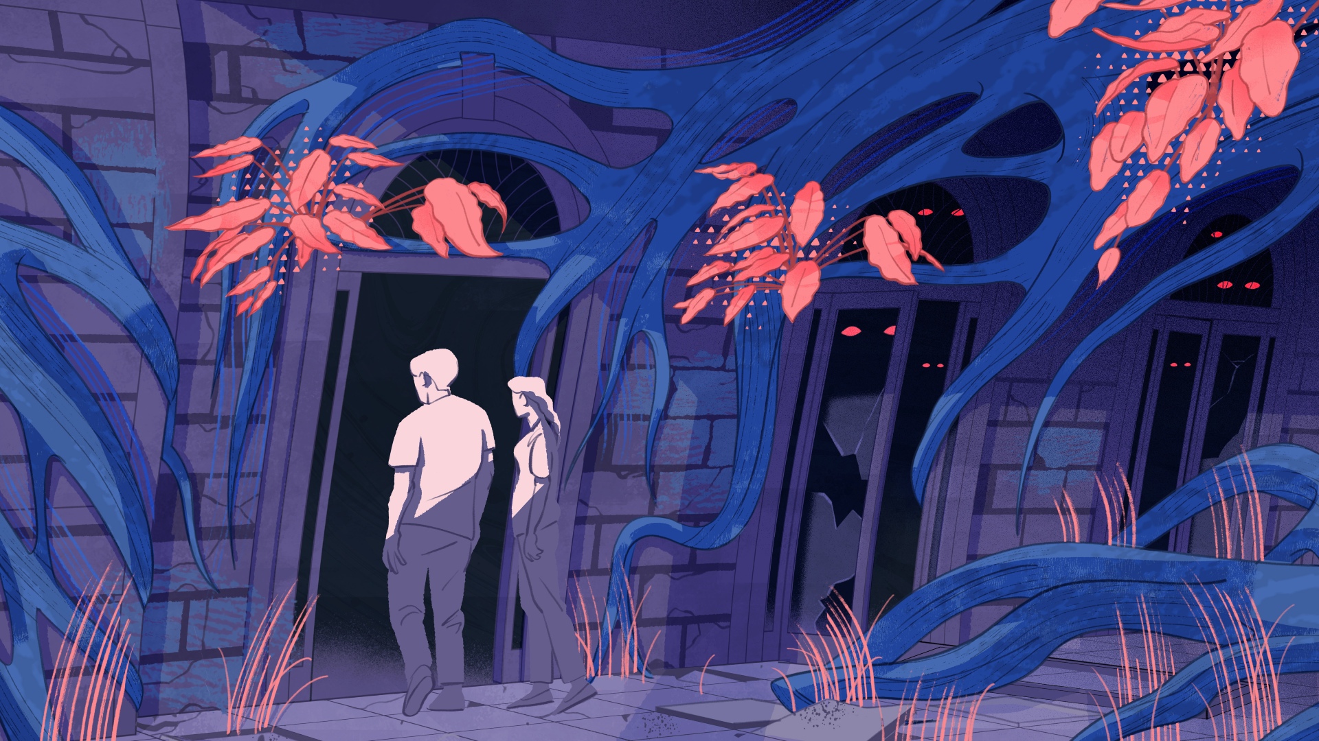 Illustration in dark, muted colors shows a man and a woman standing outside a run down building covered in vines