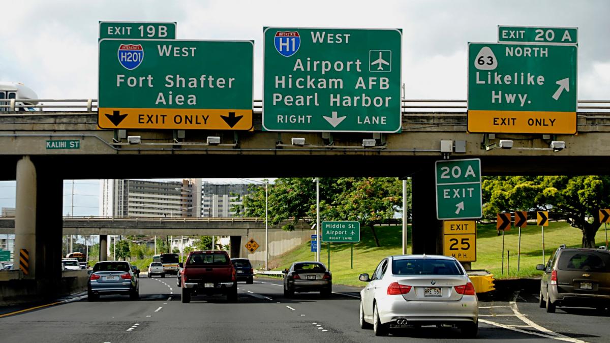 Traffic is seen on a busy highway in Honolulu, Hawai'i.