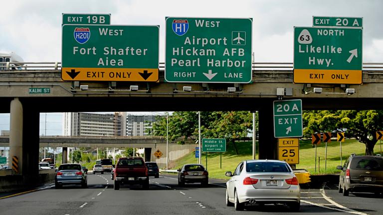 Traffic is seen on a busy highway in Honolulu, Hawai'i.