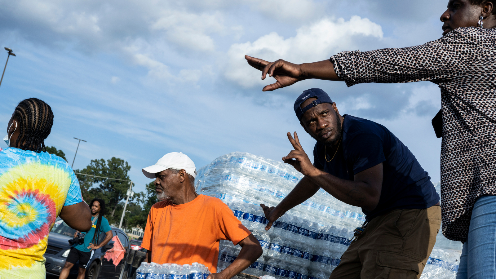 Cases of bottled water are handed out at a Mississippi Rapid Response Coalition distribution site on August 31, 2022 in Jackson, Mississippi.
