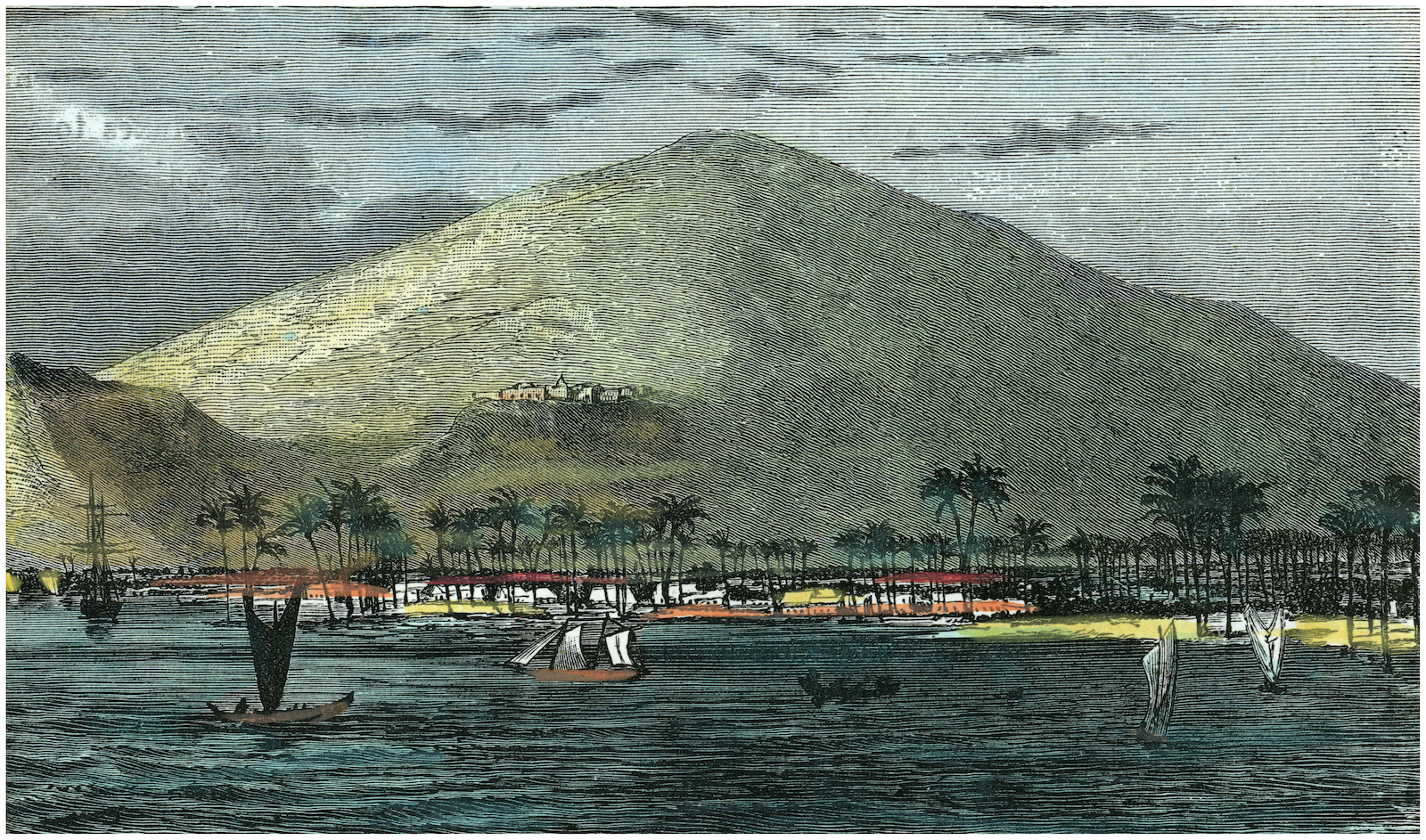 an engraving of an island with small town and palm trees