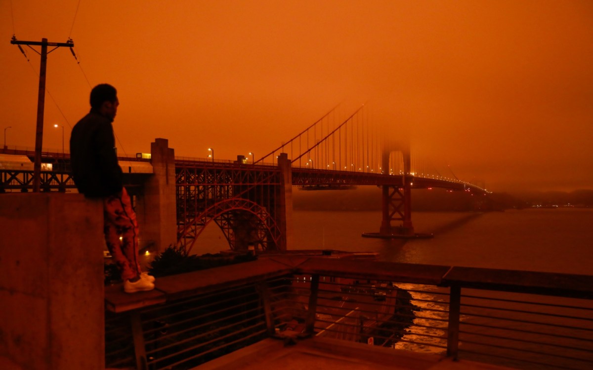 A man in the foreground stares out at the Golden Gate Bridge shrouded in a deep orange haze.