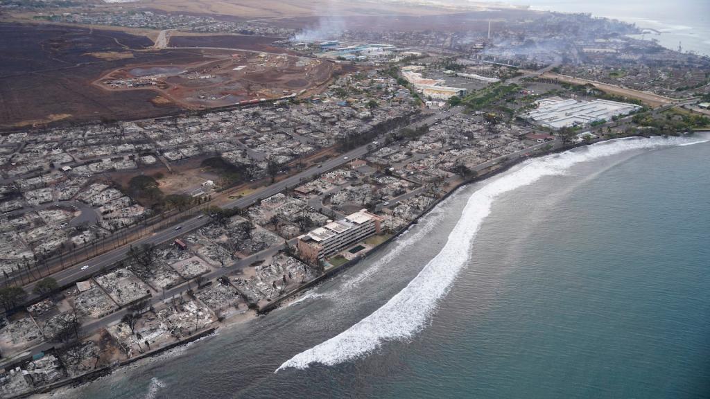 an aerial photo of the coast and burned out shells of buildings