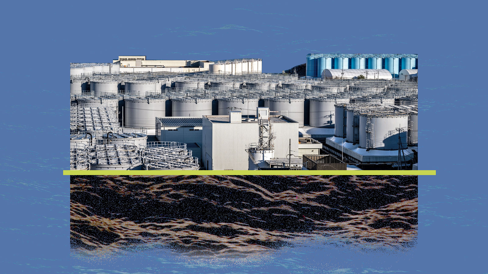 Digital collage: Storage tanks at Fukushima Nuclear Plant with dark liquid leaking out from underneath