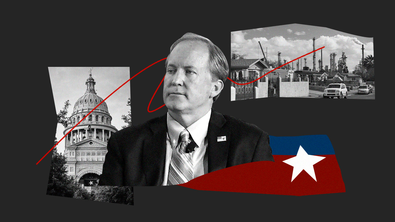 digital collage of Texas State Attorney General Ken Paxton; Texas State Capitol Building; a neighborhood with refinery smokestacks in the distance, and an abstract graphic of the Texas flag