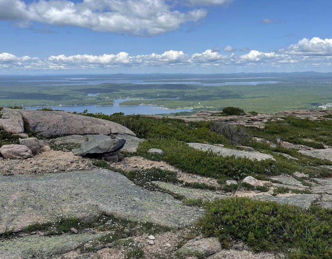 Large, flat rocks and small shrubs in the foreground overlook a vista of green and blue with a line of clouds dotting the blue sky.