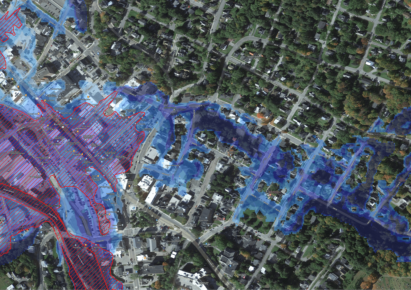a map of houses with blue and red areas marked out for flood zones