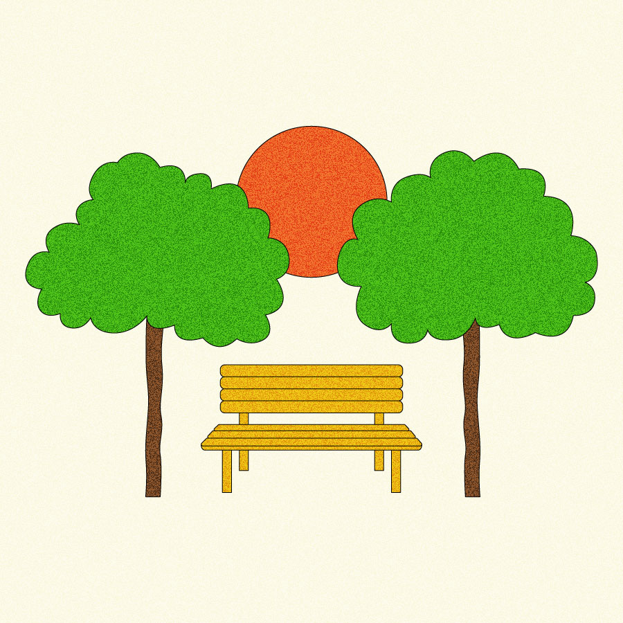 Illustration of bench between two trees with sun in background