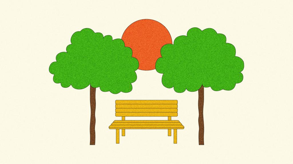 Illustration of bench between two trees with sun in background