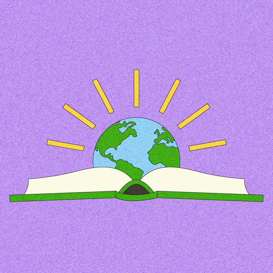 Illustration of book with earth popping out from center