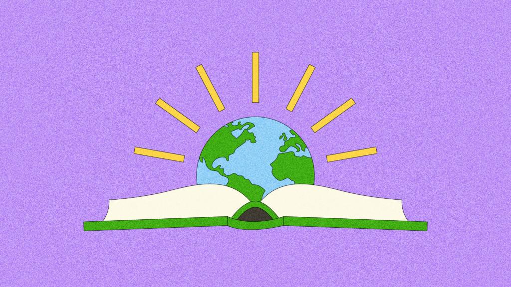 Illustration of book with earth popping out from center