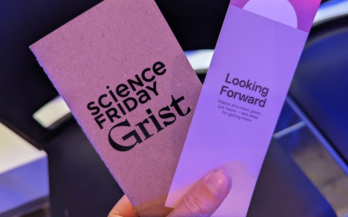 A hand holds a small brown notebook printed with "Science Friday" and "Grist," and a bookmark printed with "Looking Forward"
