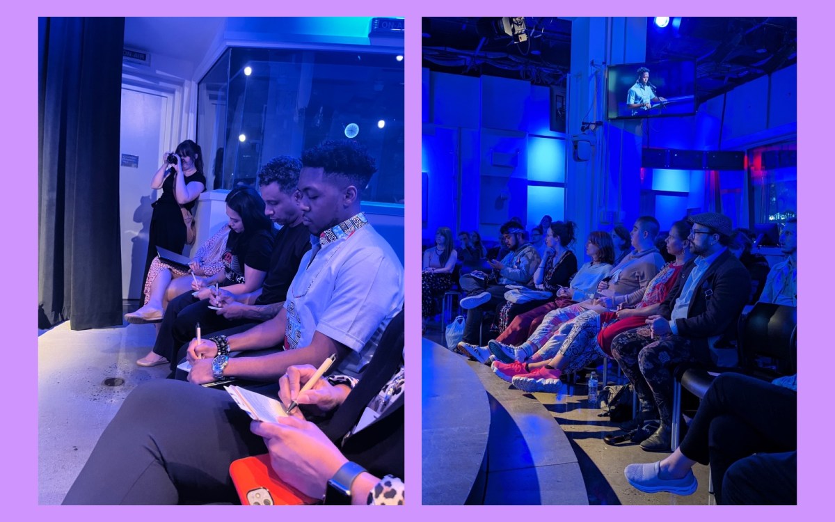 Two side-by-side images show people sitting in the audience of a blue-lit room