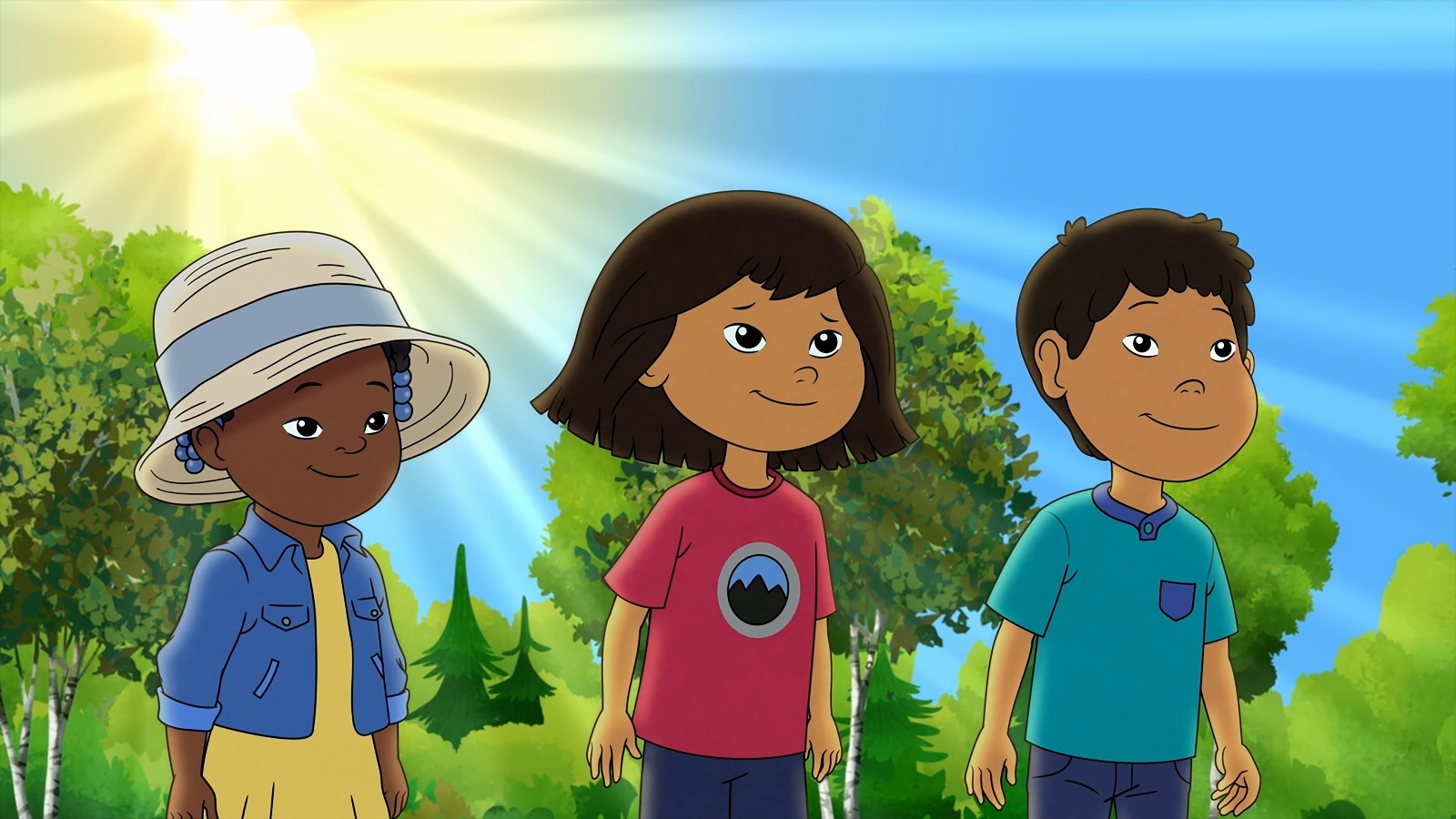 Three children cartoon characters stand in front of a blue sky.
