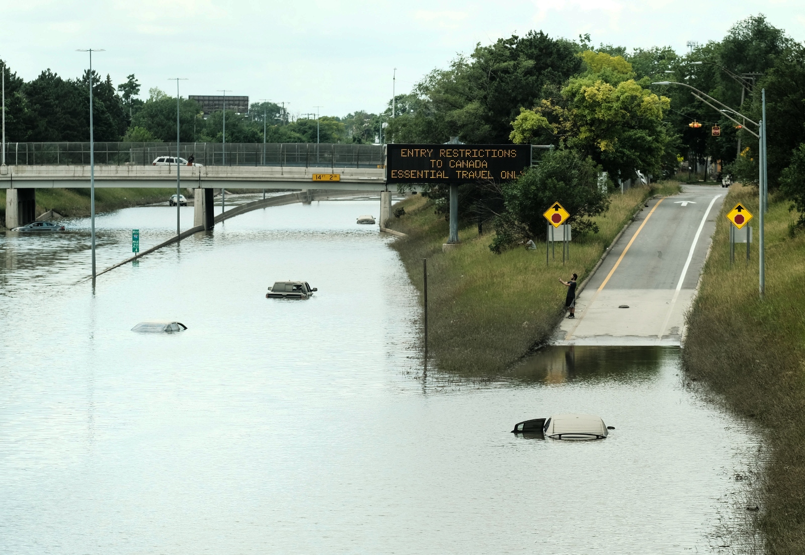 A flooded I-94 in Detroit following heavy storms in June 2021