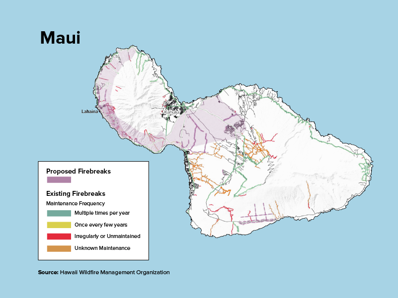 Maui map showing proposed firebreaks
