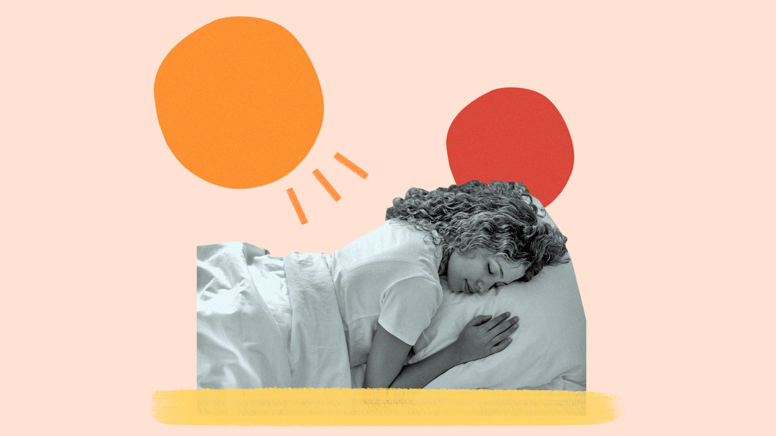 Digital collage of woman sleeping with an orange circle and red circle above her