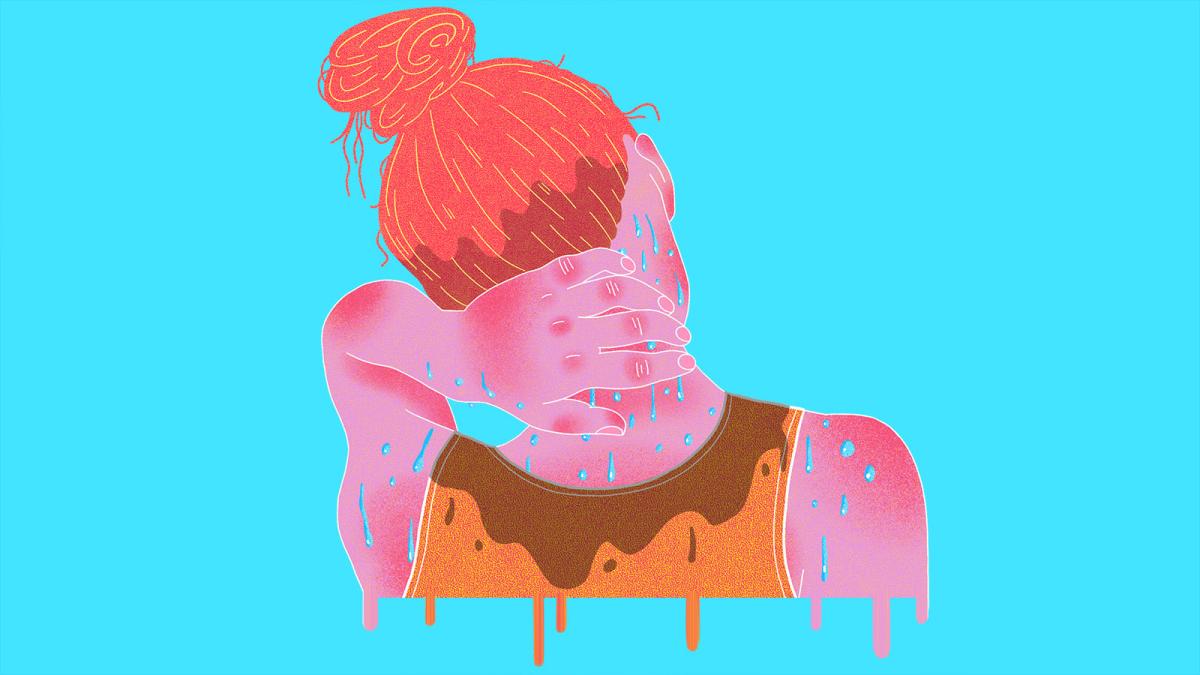 illustration of person with hair in bun from behind, wiping large sweat droplets off the back of their neck