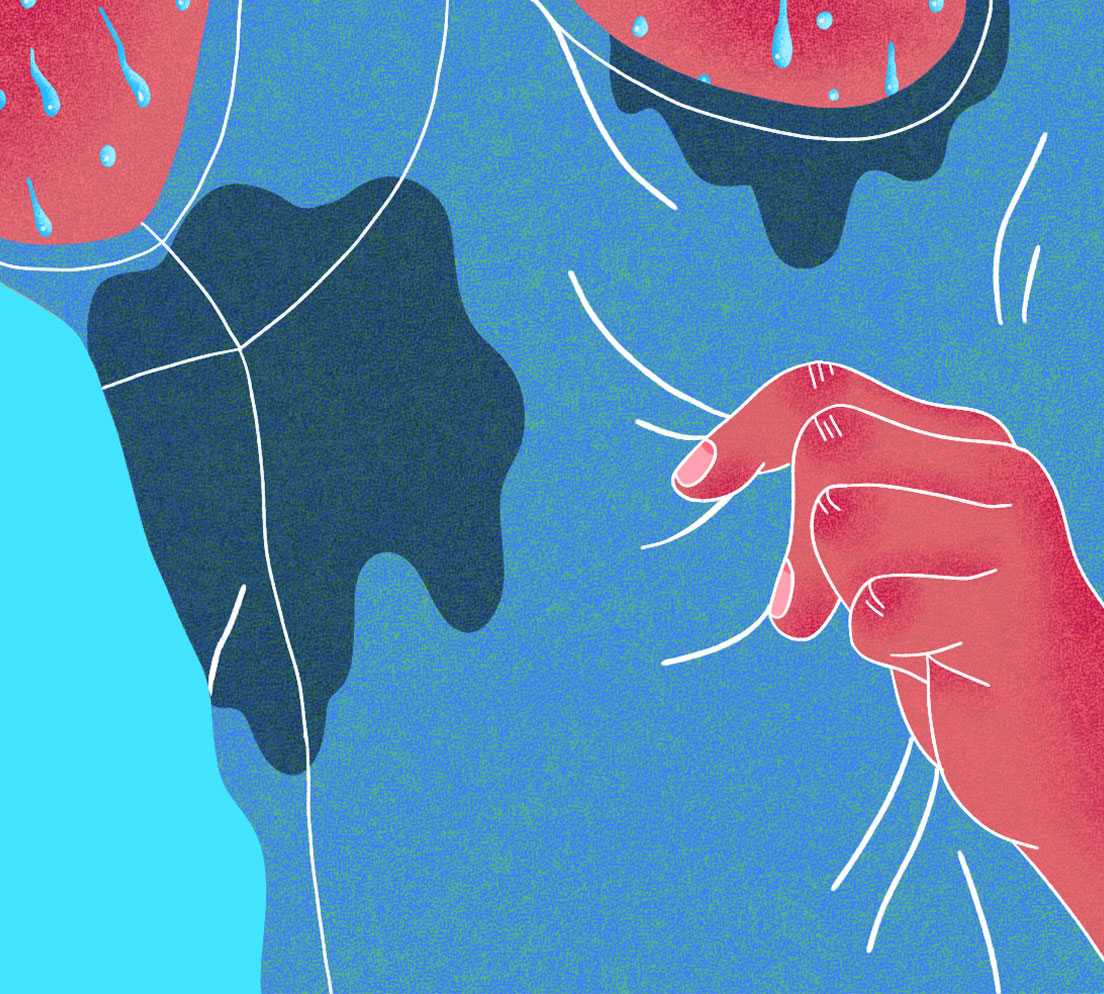 illustration of a close up of a sweating person pulling sweat-stained shirt away from body